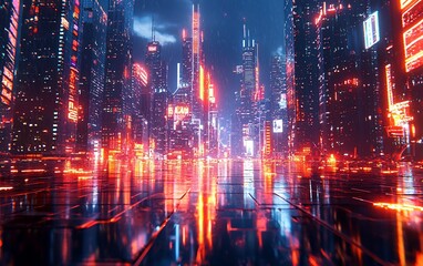 Fototapeta premium Cyberpunk city at night, reflecting neon lights on wet street.