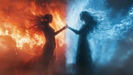 Elemental dance: fiery red and icy blue figures unite in a mesmerizing fusion of opposites
