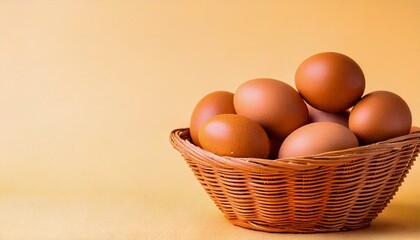 Generated image Close-up of a wicker basket filled with fresh brown eggs on a soft pastel background. Ideal for Easter, farm-to-table themes, organic food concepts, and natural lifestyle visuals.