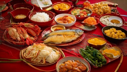 Generated image A vibrant table filled with traditional Chinese New Year dishes, including dumplings, fish, shrimp, vegetables, and desserts. Perfect for themes of celebration, culture, and festive me