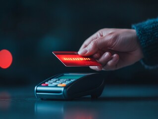 Futuristic Digital Finance in Korean Retail Hand Holding Credit Card Above Sleek Payment Terminal - Cashless Shopping and Secure Fintech Solutions