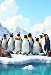 Obraz premium Penguins singing joyfully in an icy landscape, festive harmony