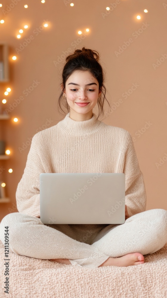 Poster warm aesthetic coding scene teen girl with laptop in cozy, string-lit room - digital learning conten