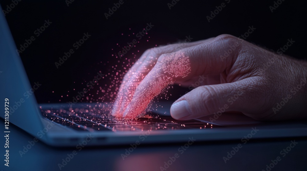 Poster Futuristic Tech Visual Close-Up of Hands Typing with Holographic Data Graphics on Laptop - Innovation in Digital Marketing and Business Solutions