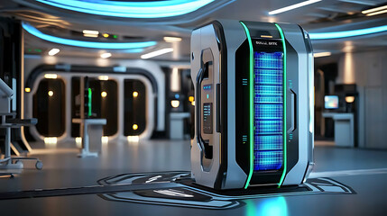 A futuristic looking machine with a blue and green color scheme. generated using AI
