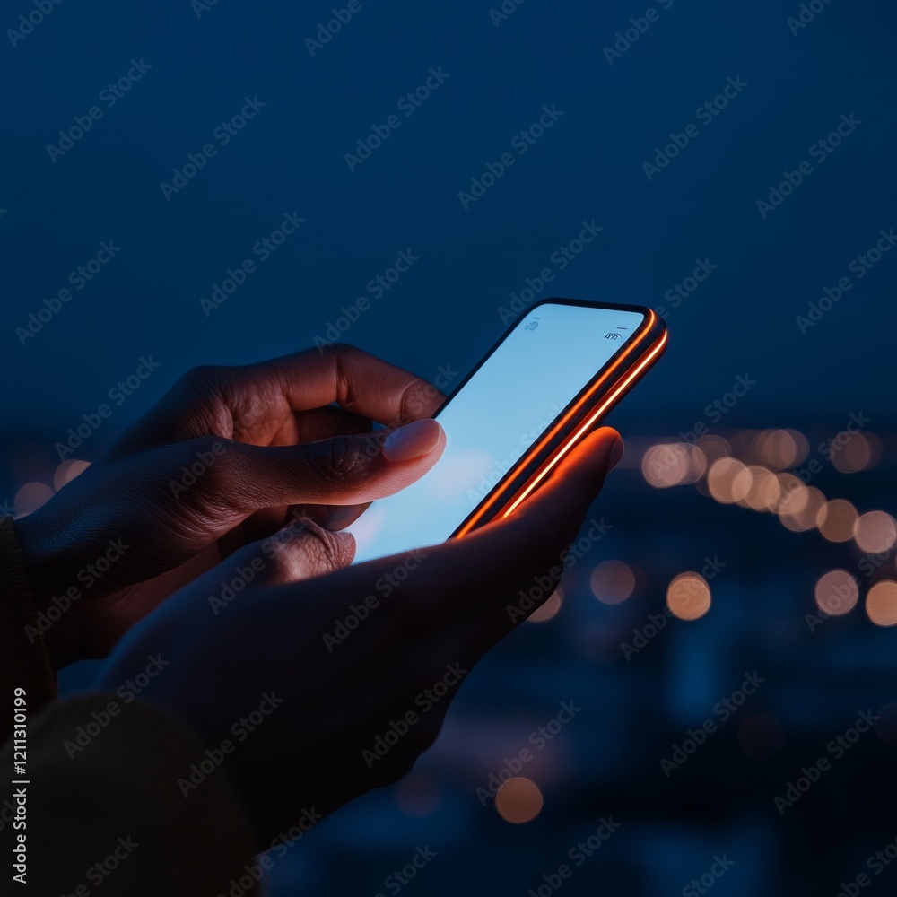 Poster smart city interaction close-up of hands with smartphone app interface, soft glow on modern urban ba