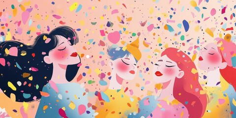 Colorful Women Celebrate Amidst Falling Confetti