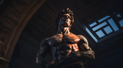 Fototapeta premium Roman god statue standing tall and proud its marble form bathed in dramatic lighting and deep shadows creating an atmosphere of power mystery and timeless majesty