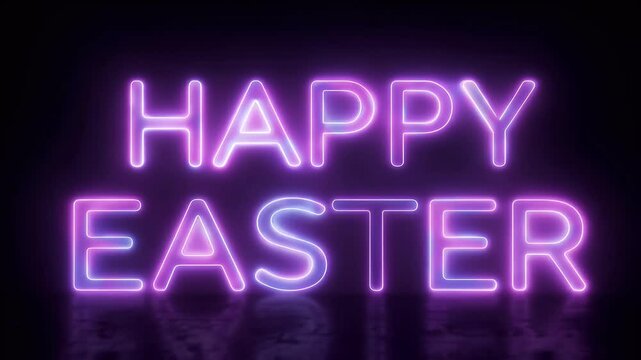 Diagonal neon purple lettering spells Happy Easter on dark background the glowing design adding modern twist to festive holiday message