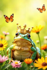 Regal frog wearing a crown in vibrant meadow, whimsical nature