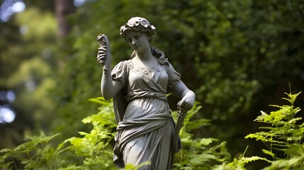 Fototapeta premium Majestic Roman Goddess Statue Holding an Ornamental Staff Stands Proudly in a Lush Ornate Garden Landscape Filled with Decorative Columns Ivy and Elegant Classical Elements