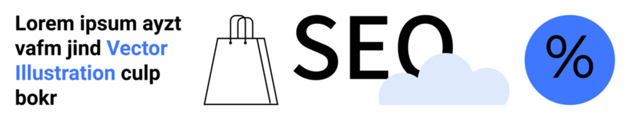 Shopping bag, SEO text, cloud graphic, percentage symbol. Ideal for e-commerce, digital marketing, SEO optimization, online shopping retail promotions analytics strategy business growth. Landing