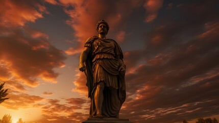 Fototapeta premium Majestic Roman style statue framed against a dramatic vibrant sunset sky with warm ethereal lighting Iconic timeless architectural element set in a serene peaceful outdoor landscape