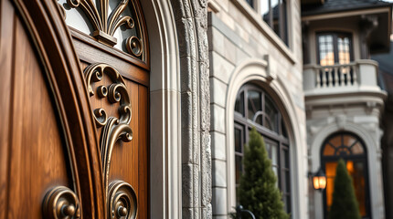 Naklejka premium Elegant Ornate Wooden Door of a Luxurious House. Classic Architecture, Real Estate, Home Exterior Design. High-end Residential Building Entrance.