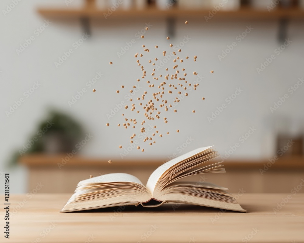 Poster ethereal open book with glowing pages magical reading concept on rustic wooden surface - educational