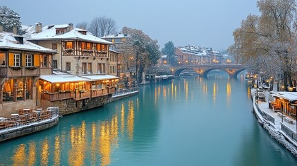 Fototapeta premium Snowy Annecy: Canal Charm in Winter Wonderland
