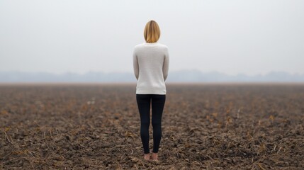 A solitary woman stands in a desolate fogshrouded field the grey mist clinging to her lonely figure
