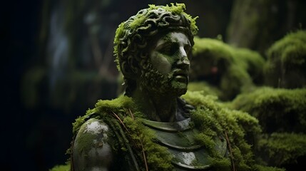 Fototapeta premium A weathered and aged Roman statue partially covered in moss highlighting the historical and time worn nature of this classical architectural relic