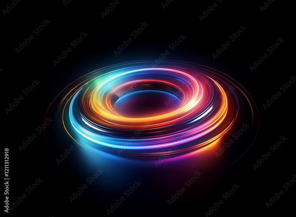 Canvas Prints Vibrant, swirling neon rings glow in the dark, creating a hypnotic, three-dimensional effect with a reflective surface. The colors blend and radiate outwards.