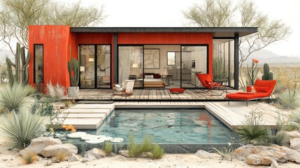 Desert Oasis: Modern Red House with Pool and Desert Landscaping