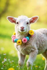 Obraz premium Young lamb wearing Easter garland in meadow, spring celebration