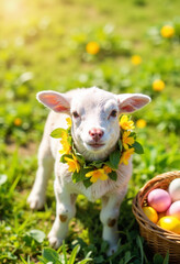 Obraz premium Joyful lamb wearing Easter garland in sunny meadow, seasonal celebration