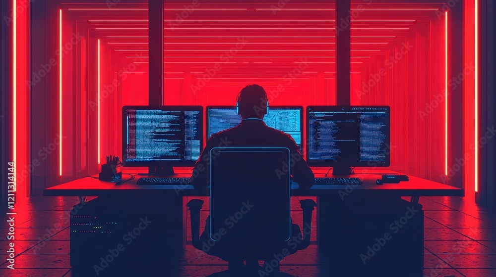Poster a silhouette of a person seated at a computer desk, surrounded by glowing red lights, immersed in pr