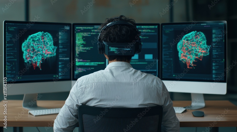 Poster a person sits at a desk with three monitors displaying brain data and code, wearing headphones, engr