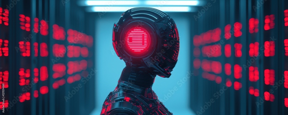 Poster a futuristic robot with a glowing red interface stands in a corridor lined with data servers, highli