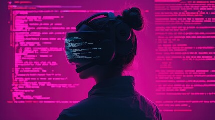 A person wearing a VR headset against a backdrop of glowing code, embodying a futuristic and digital atmosphere.