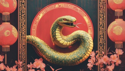 Lunar New Year Snake Coiling in Front of Red Decoration