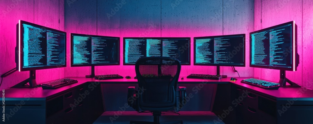 Poster a modern workspace featuring multiple monitors displaying code, illuminated by vibrant pink lighting