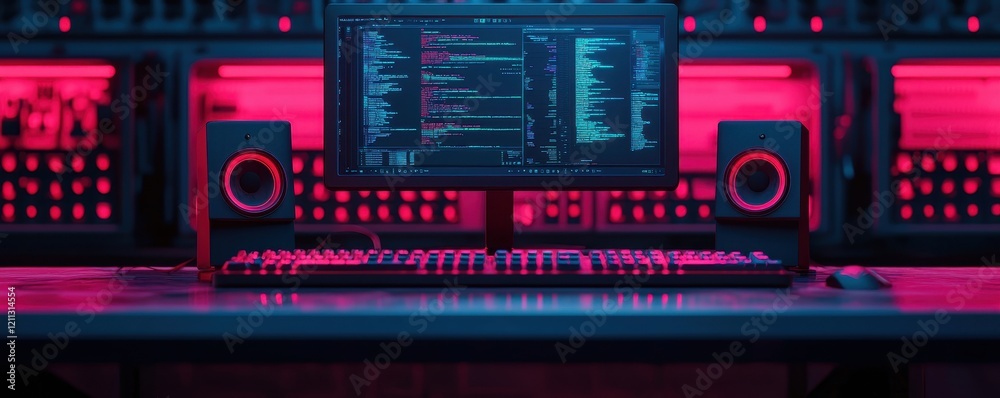 Poster a sleek computer setup featuring a monitor displaying code, illuminated by vibrant pink and blue lig