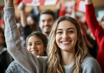 Fototapeta premium Vibrant Local Sports Enthusiasm Diverse Crowd Cheering with Handmade Banners in High School Gym - Community Engagement and Cultural Marketing Imagery