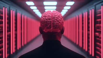 A futuristic figure with a transparent brain stands in a tech-filled corridor illuminated by vibrant red lights.