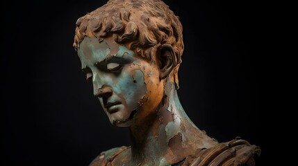 Detailed 3D Render of an Ancient Weathered Roman Bust Sculpture with Visible Cracks and Patina from Centuries of Wear and Erosion