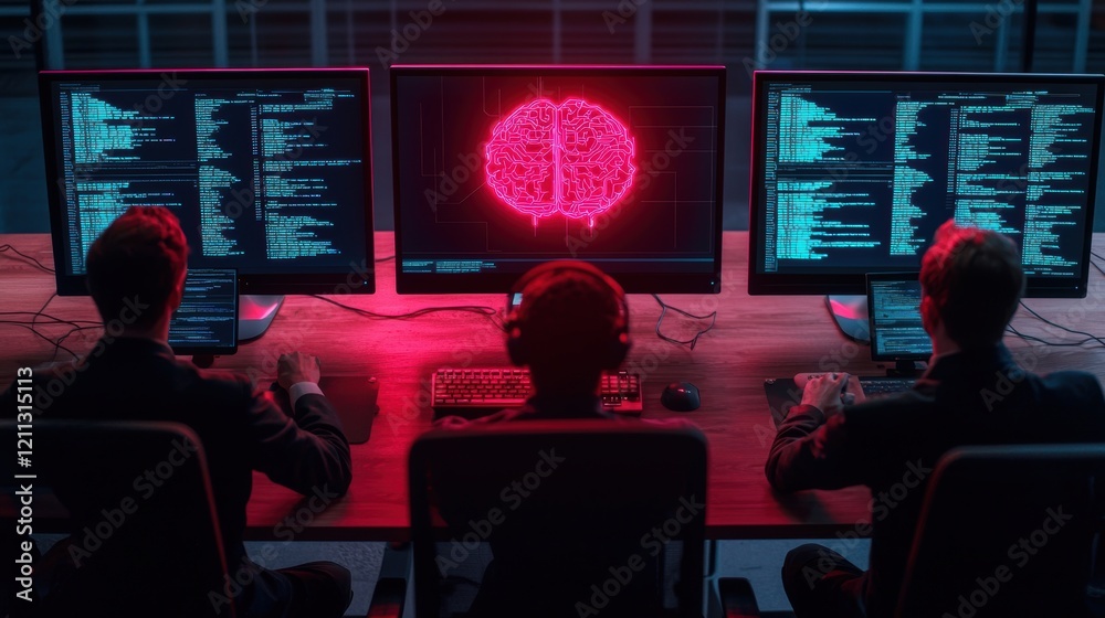 Poster a dimly lit room with three individuals monitoring multiple screens displaying code and a glowing br
