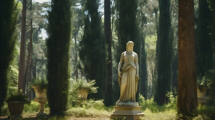 Obraz premium Majestic Roman style statue standing tall amidst a serene garden setting with towering cypress trees creating a dramatic and atmospheric backdrop