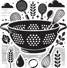 Black Color Colander Silhouette Vector Illustration, Solid White Background. minimal vector design