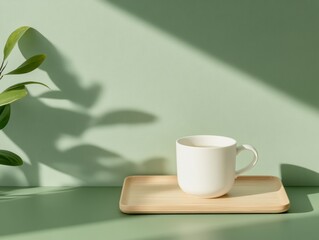 Serene Minimalist Ceramic Mug Set on Bamboo Tray in Greenery Shade Captivating Wellness Content for Sustainable Home Living and Eco-Friendly Decor Marketing
