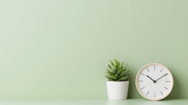 Minimalist Botanical and Time Management Display Vintage Alarm Clock with Succulent on Green Backdrop - Modern Productivity Content for Sustainable Lifestyle Brands