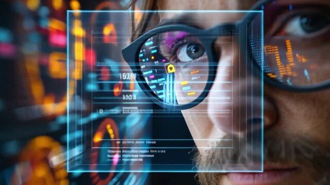 Codebreaker: A focused programmer's eye peering through glasses, revealing a screen filled with lines of code and intricate data visualizations. The reflection reflects their deep concentration.