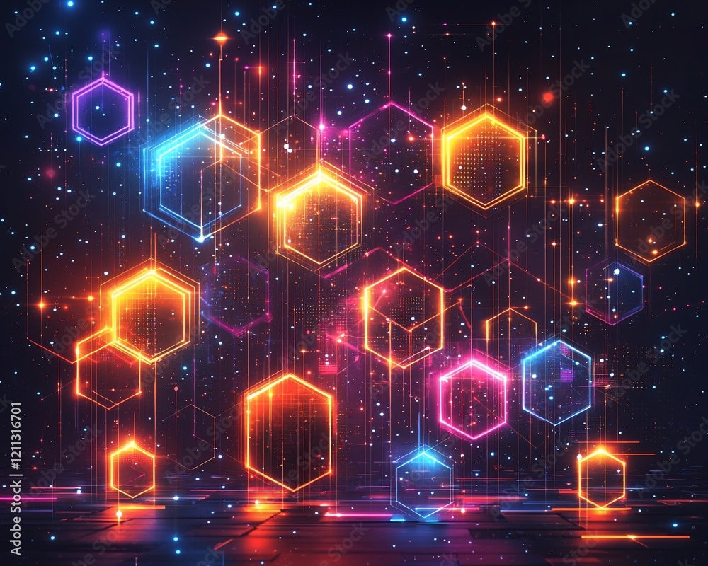 Poster glowing neon hexagons and lines on dark background.