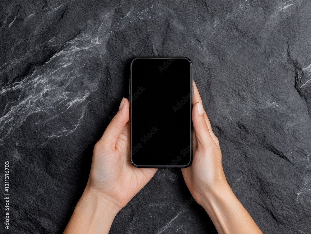 Poster contemporary minimalist tech womens hands holding smartphone on slate texture - ideal for app market