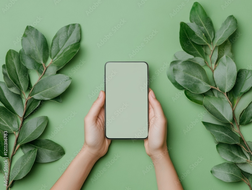 Poster Minimalist Digital Concept Hands with Smartphone in Plantscape Setting - Emphasizing Green Tech for Eco-conscious App Promotion and Digital Connectivity