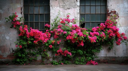 Lush vibrant pink flowers climb a weathered rustic stone wall overflowing past charming old windows