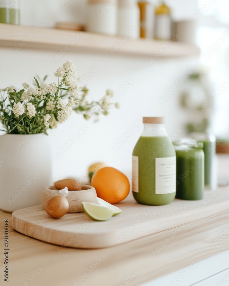 Poster minimalist green smoothie display with fresh ingredients on wooden counter - ideal for modern juice 