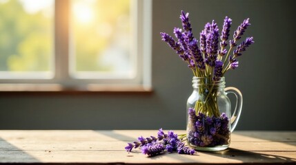 A sunlit rustic wooden table displays a glass jar of lavender, some stems spilling onto the surface, near a bright window.