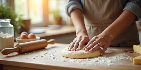 Cozy Kitchen with Person Kneading Dough and Fresh Baking Ingredients in Soft Sunlight