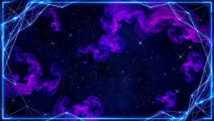 A sci-fi digital frame made of holographic fractals, constantly shifting and expanding with glowing edges, over a dynamic starfield background